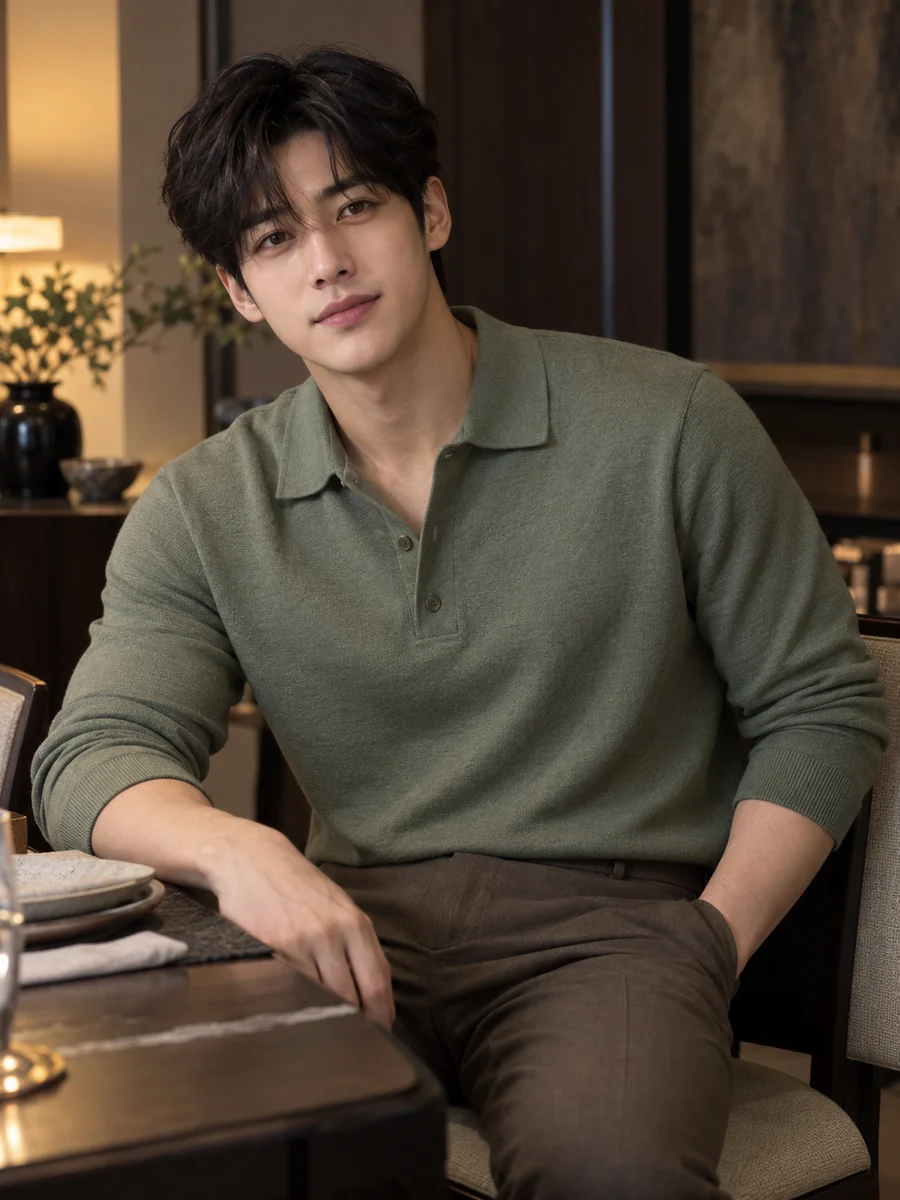 녹색 셔츠를 입은 관리사가 식탁에 앉아 있는 모습
