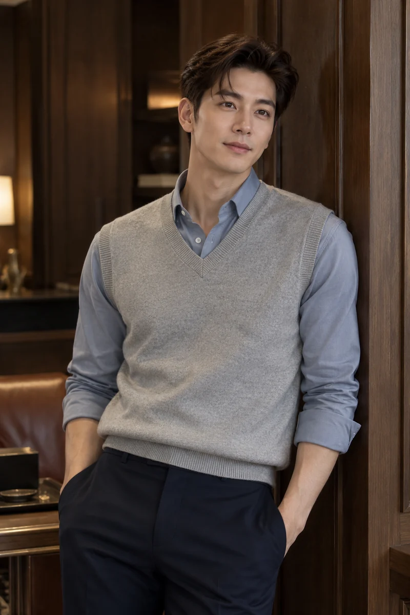 회색 조끼를 입은 관리사가 문가에 서 있는 모습