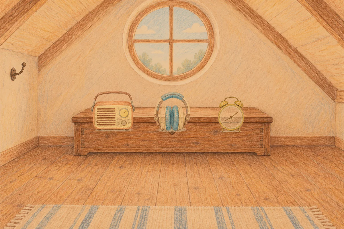 수원 여성전용 스웨디시 후기 안내 그림, 저녁의 다락방 나무 궤짝 위에 놓인 작은 라디오, 헤드폰, 둥근 알람시계