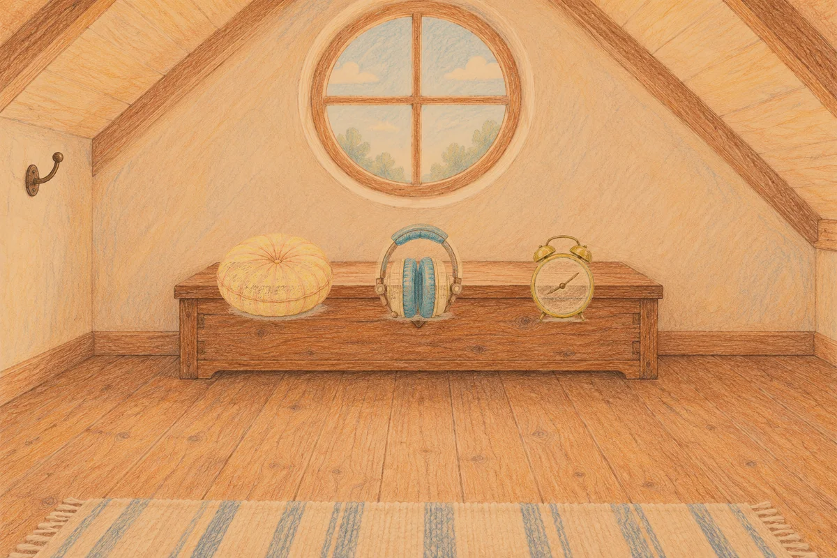 수원 여성전용 아로마 마사지 후기 안내 그림, 저녁의 다락방 나무 궤짝 위에 놓인 둥근 쿠션, 헤드폰, 둥근 알람시계
