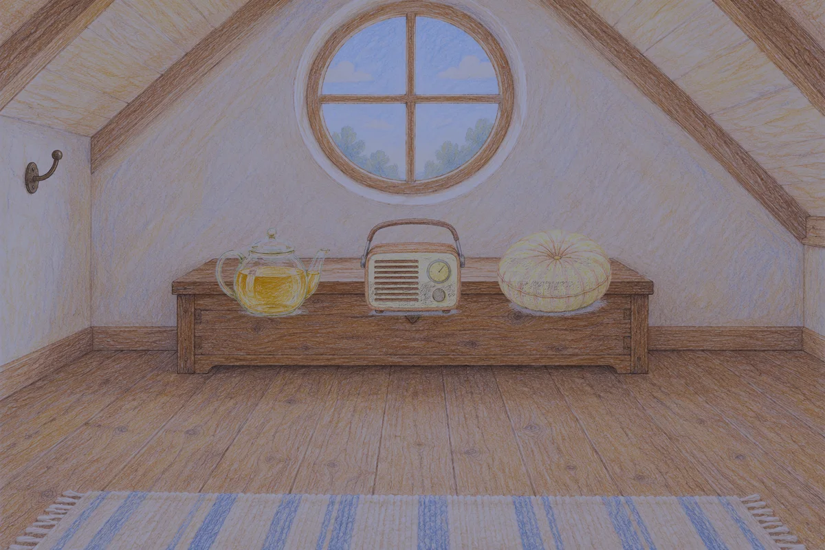 수원 여성전용 아로마 추천 안내 그림, 밤의 다락방 나무 궤짝 위에 놓인 유리 티포트, 작은 라디오, 둥근 쿠션