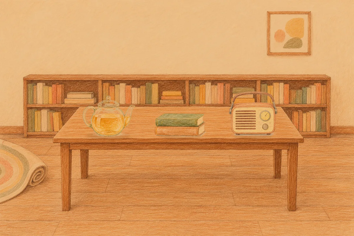 수원 여성전용 경락 마사지 안내 그림, 저녁의 서재 긴 책상 위에 놓인 유리 티포트, 책 두 권, 작은 라디오