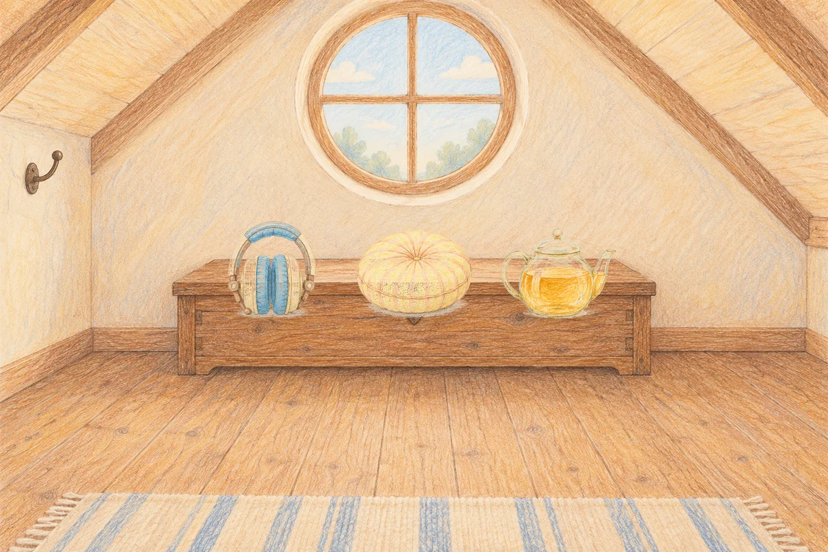 수원 여성전용 경락 케어 안내 그림, 낮의 다락방 나무 궤짝 위에 놓인 헤드폰, 둥근 쿠션, 유리 티포트