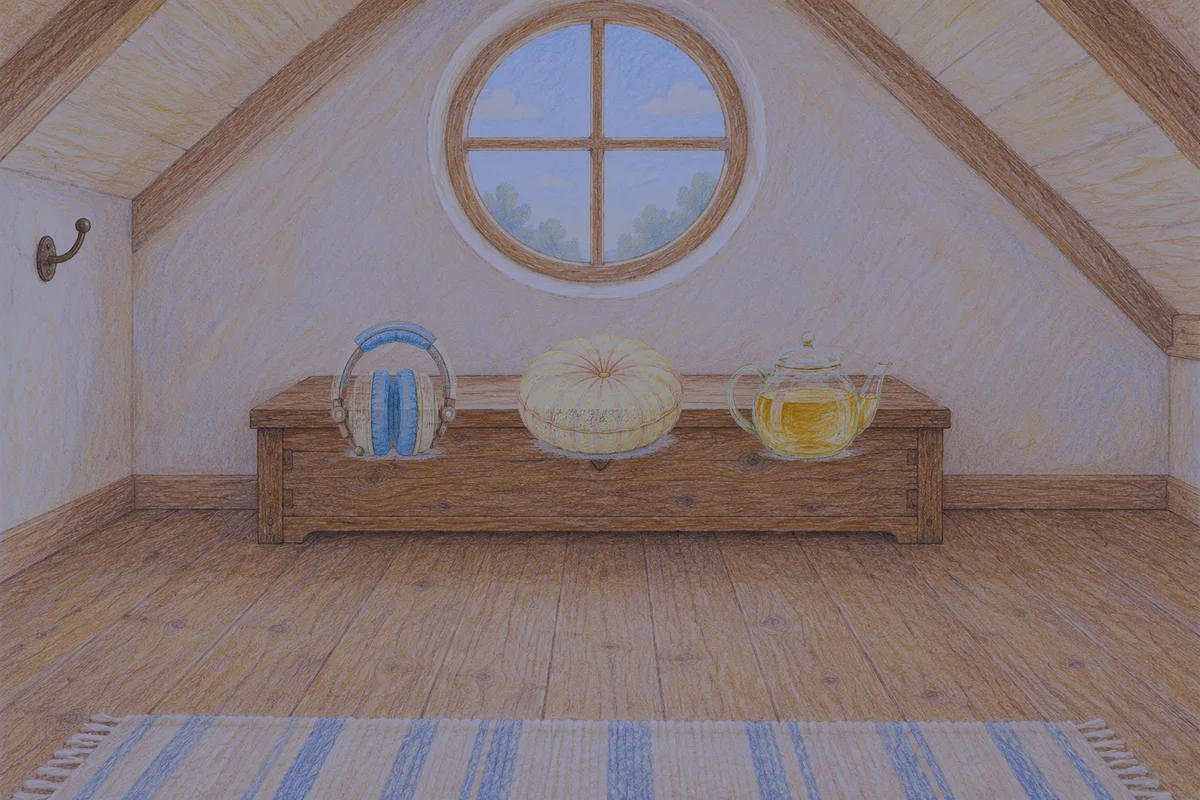 수원 여성전용 바디 경락 안내 그림, 밤의 다락방 나무 궤짝 위에 놓인 헤드폰, 둥근 쿠션, 유리 티포트