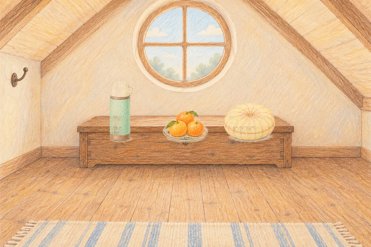 수원 여성전용 경락 추천 안내 그림, 낮의 다락방 나무 궤짝 위에 놓인 보온병, 귤이 담긴 접시, 둥근 쿠션