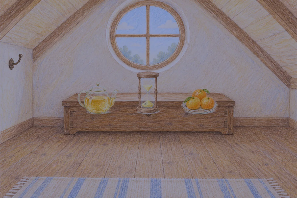 수원 여성전용 홈케어 안내 그림, 밤의 다락방 나무 궤짝 위에 놓인 유리 티포트, 모래시계, 귤이 담긴 접시