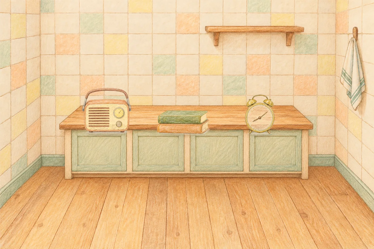 수원 여성전용 방문 마사지 안내 그림, 낮의 부엌 나무 조리대 위에 놓인 작은 라디오, 책 두 권, 둥근 알람시계