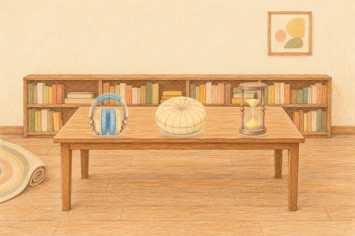 수원 여성전용 방문 홈케어 안내 그림, 낮의 서재 긴 책상 위에 놓인 헤드폰, 둥근 쿠션, 모래시계