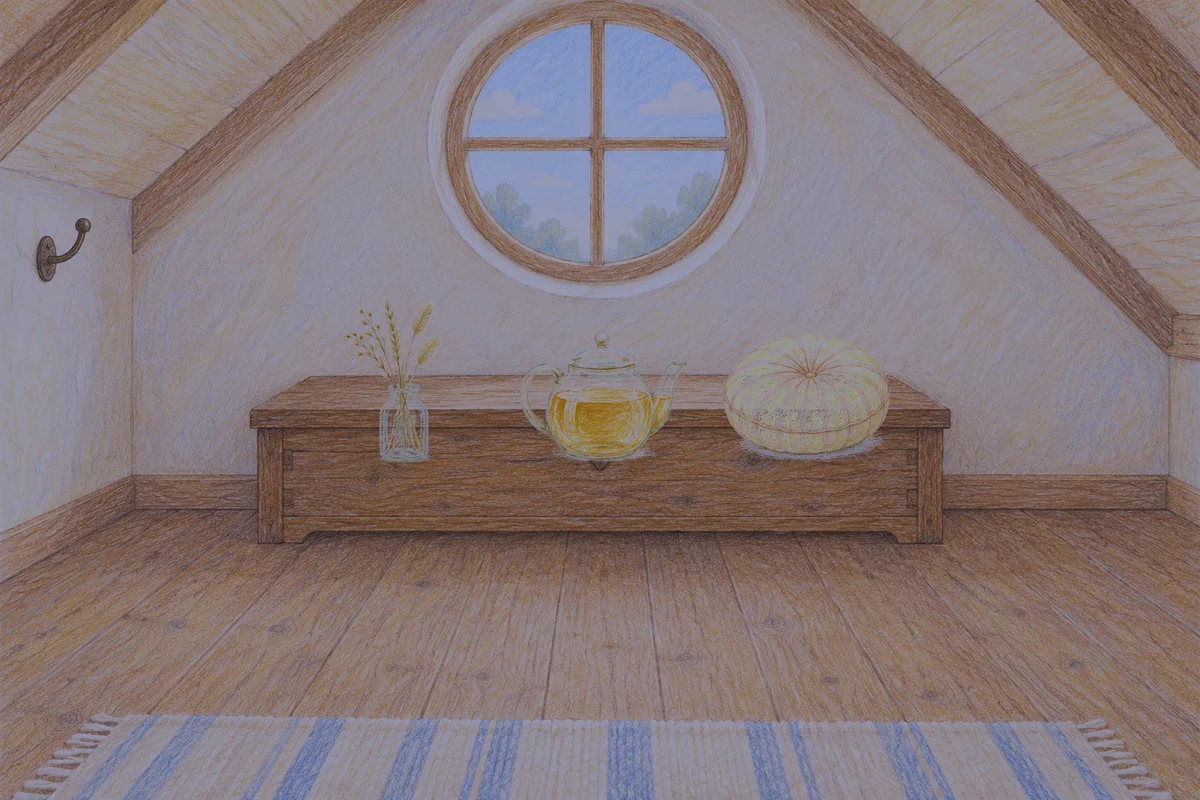 수원 여성전용 1인샵 안내 그림, 밤의 다락방 나무 궤짝 위에 놓인 마른 풀을 꽂은 항아리, 유리 티포트, 둥근 쿠션