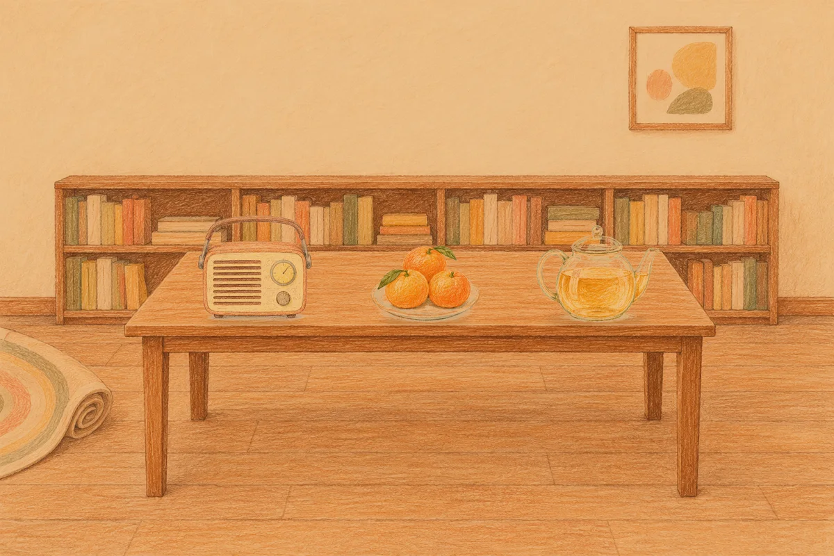 수원 여성전용 프라이빗 케어 안내 그림, 저녁의 서재 긴 책상 위에 놓인 작은 라디오, 귤이 담긴 접시, 유리 티포트