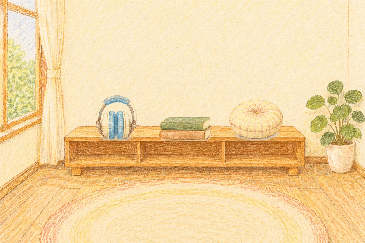 수원 여성전용 발마사지 안내 그림, 낮의 창가 낮은 선반 위에 놓인 헤드폰, 책 두 권, 둥근 쿠션