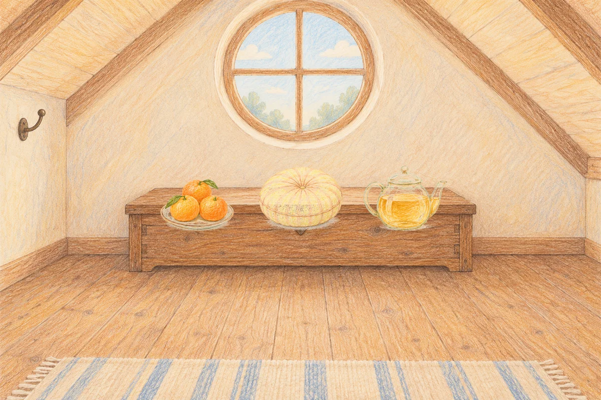 수원 여성전용 발관리 후기 안내 그림, 낮의 다락방 나무 궤짝 위에 놓인 귤이 담긴 접시, 둥근 쿠션, 유리 티포트