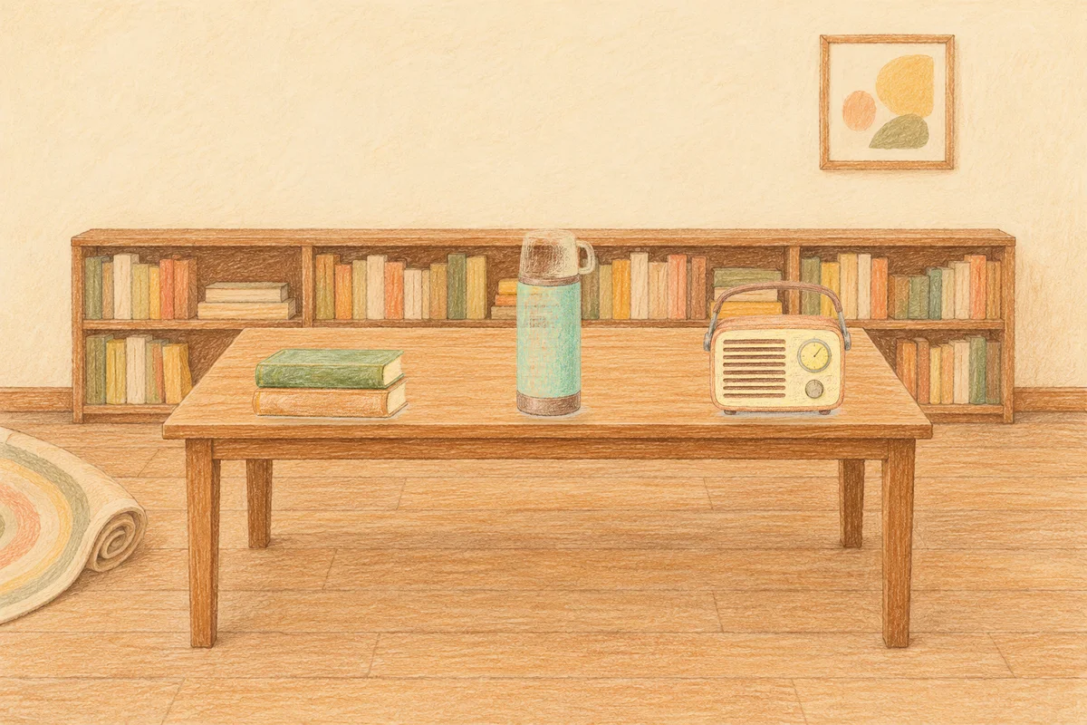 수원 여성전용 발관리 추천 안내 그림, 낮의 서재 긴 책상 위에 놓인 책 두 권, 보온병, 작은 라디오
