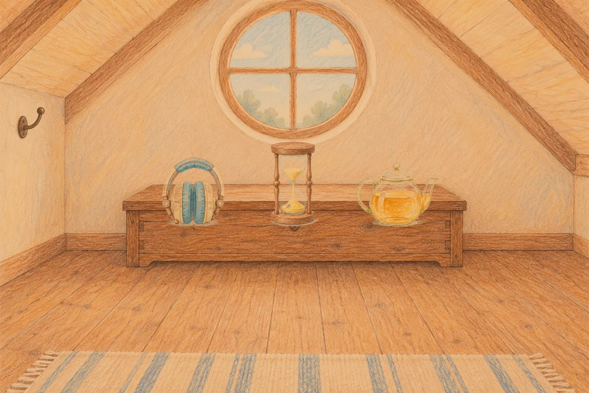 수원 여성전용 셀룰라이트 관리 안내 그림, 저녁의 다락방 나무 궤짝 위에 놓인 헤드폰, 모래시계, 유리 티포트