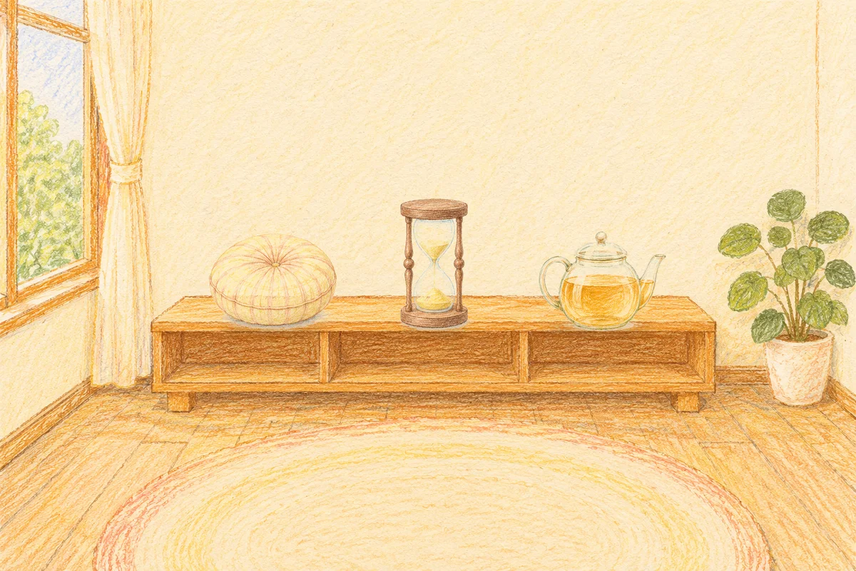 수원 여성전용 바디 케어 안내 그림, 낮의 창가 낮은 선반 위에 놓인 둥근 쿠션, 모래시계, 유리 티포트