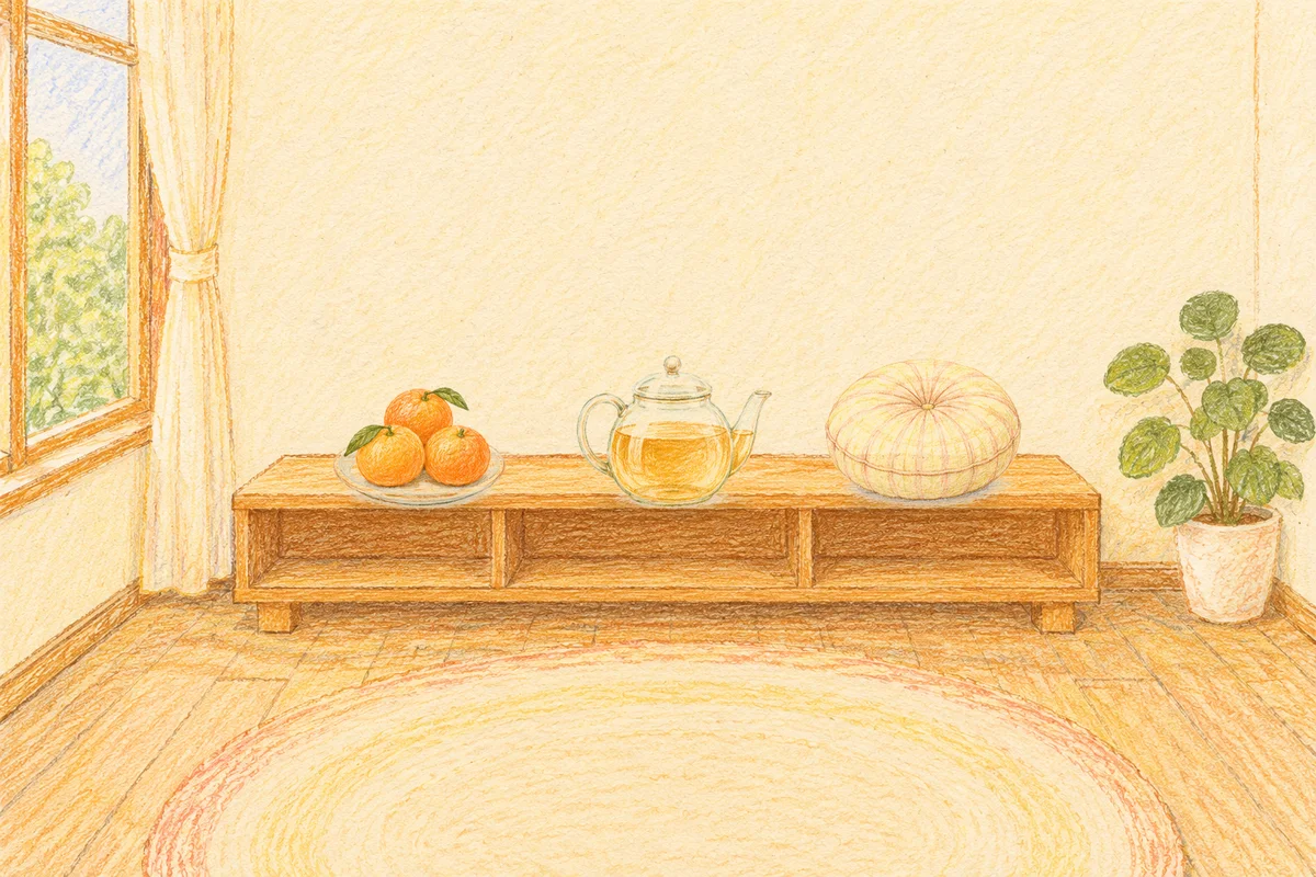 수원 여성전용 복부 마사지 안내 그림, 낮의 창가 낮은 선반 위에 놓인 귤이 담긴 접시, 유리 티포트, 둥근 쿠션