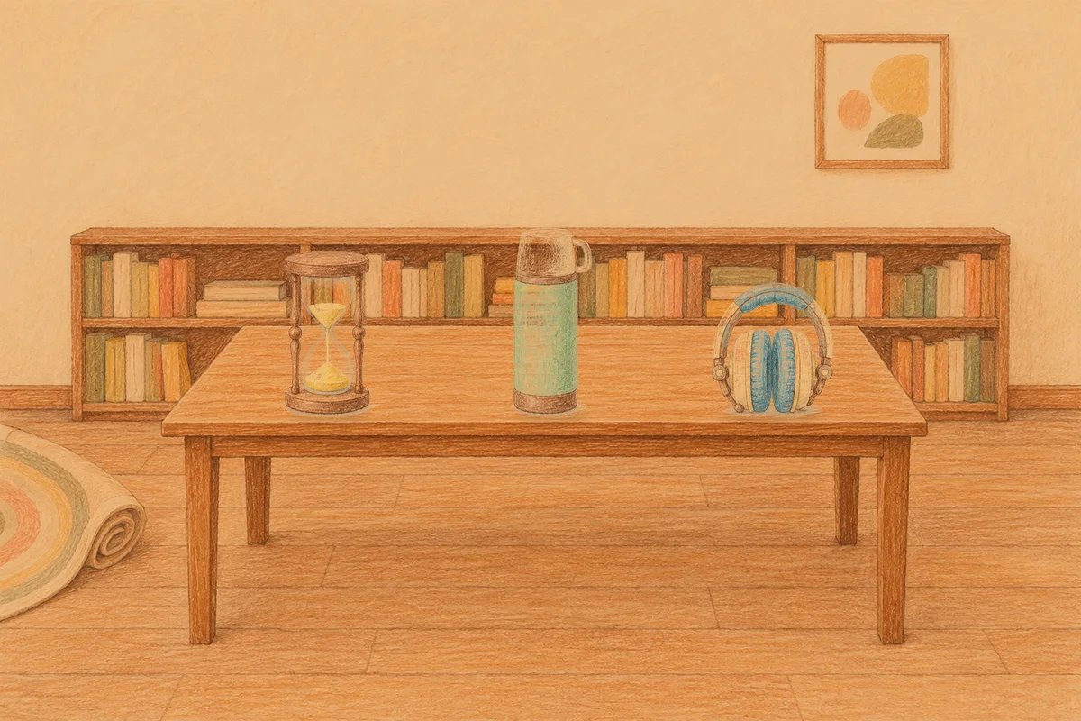 수원 여성전용 종아리 케어 안내 그림, 저녁의 서재 긴 책상 위에 놓인 모래시계, 보온병, 헤드폰
