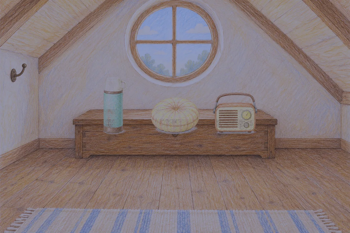수원 여성전용 어깨 마사지 안내 그림, 밤의 다락방 나무 궤짝 위에 놓인 보온병, 둥근 쿠션, 작은 라디오