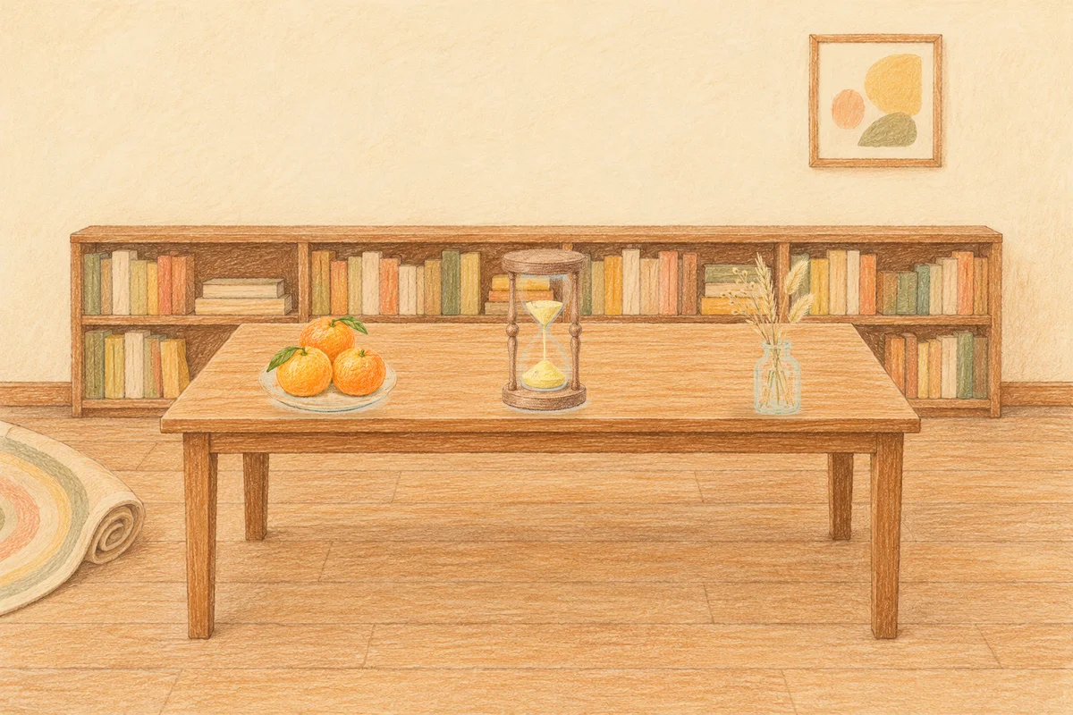 수원 여성전용 목 어깨 케어 안내 그림, 낮의 서재 긴 책상 위에 놓인 귤이 담긴 접시, 모래시계, 마른 풀을 꽂은 항아리