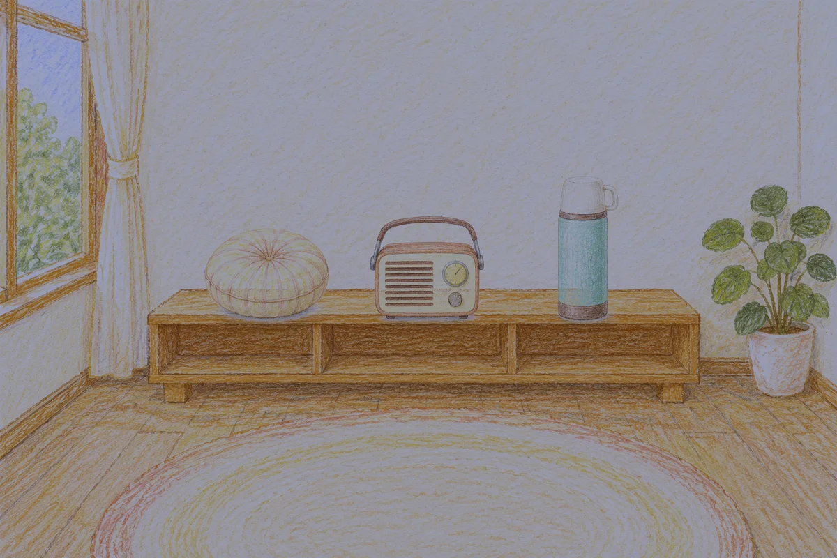 수원 여성전용 피부 관리 안내 그림, 밤의 창가 낮은 선반 위에 놓인 둥근 쿠션, 작은 라디오, 보온병