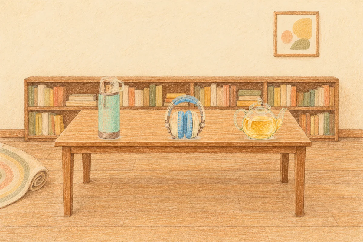 수원 여성전용 샵 마사지 안내 그림, 낮의 서재 긴 책상 위에 놓인 보온병, 헤드폰, 유리 티포트