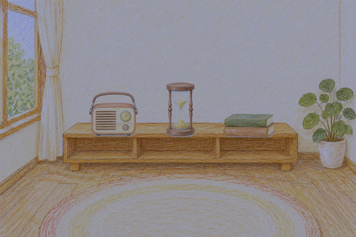 수원 여성전용 예약 마사지 안내 그림, 밤의 창가 낮은 선반 위에 놓인 작은 라디오, 모래시계, 책 두 권