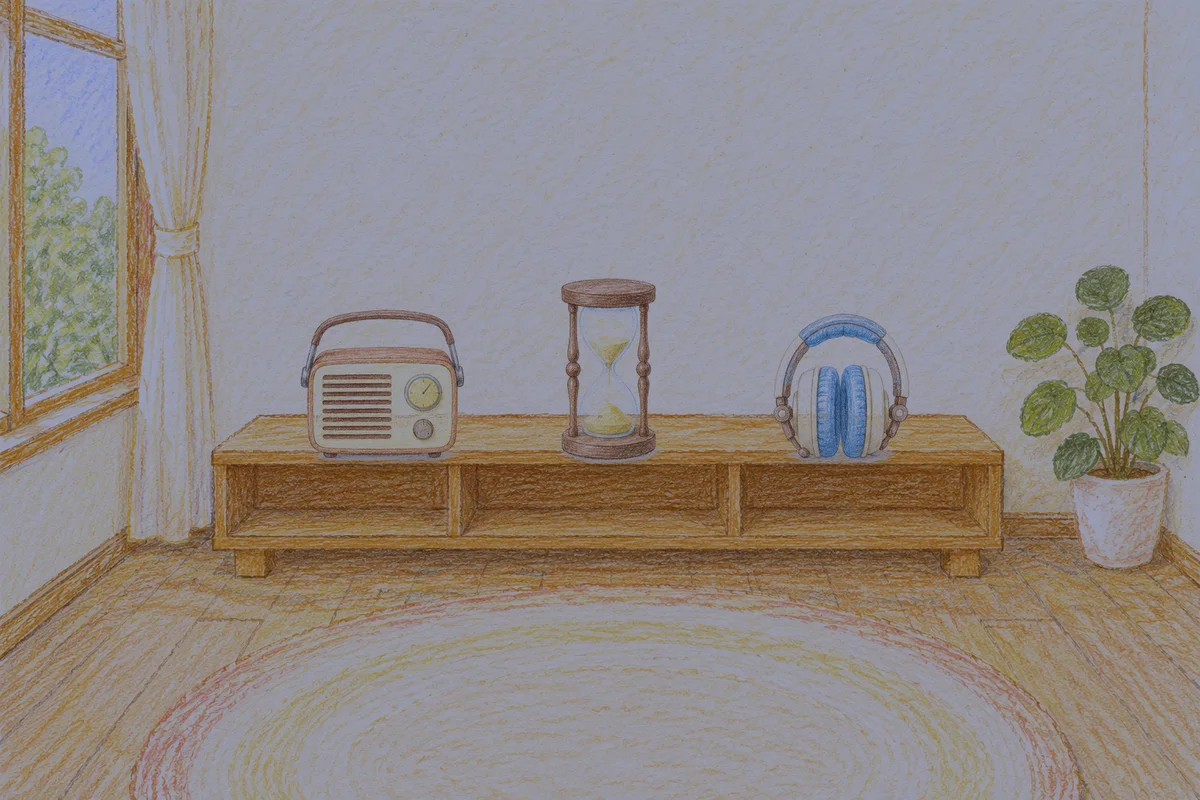 수원 여성전용 후기 마사지 안내 그림, 밤의 창가 낮은 선반 위에 놓인 작은 라디오, 모래시계, 헤드폰