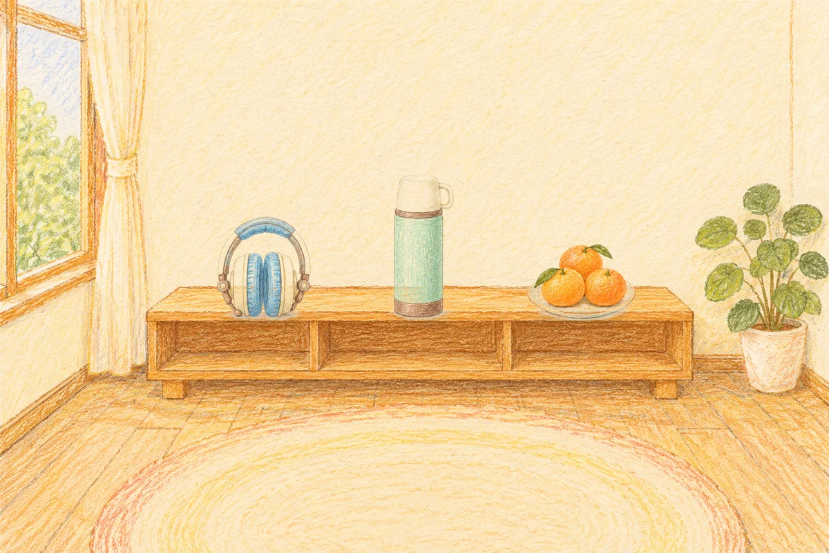 수원 여성전용 추천 마사지 안내 그림, 낮의 창가 낮은 선반 위에 놓인 헤드폰, 보온병, 귤이 담긴 접시