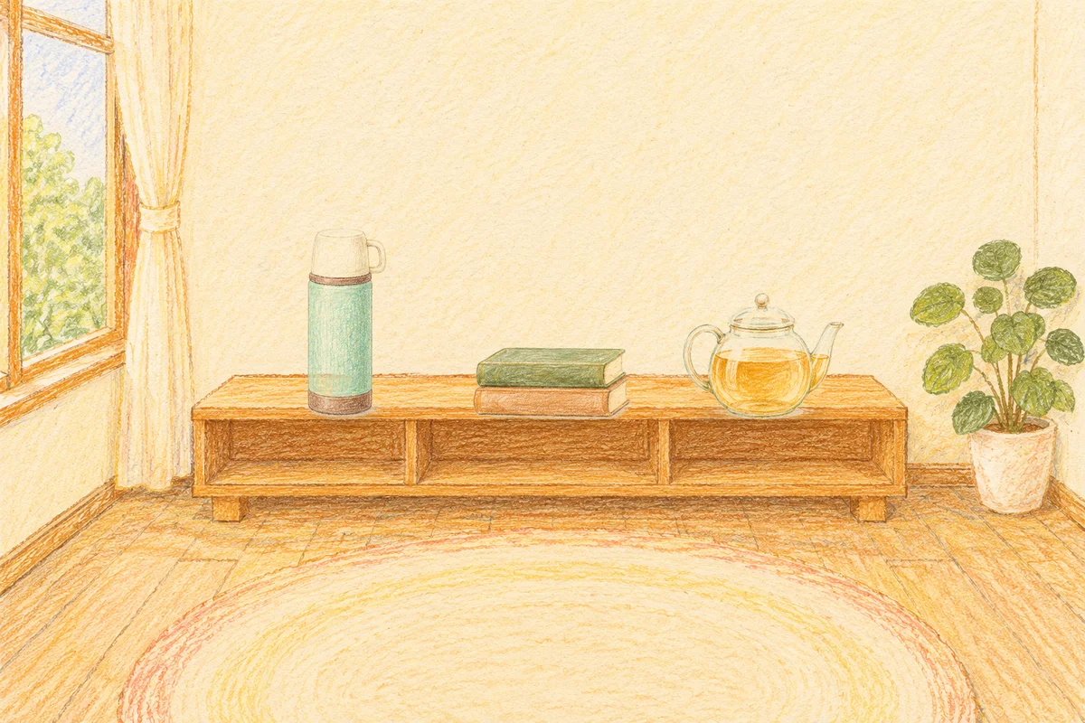 수원 여성전용 출장 마사지 후기 안내 그림, 낮의 창가 낮은 선반 위에 놓인 보온병, 책 두 권, 유리 티포트
