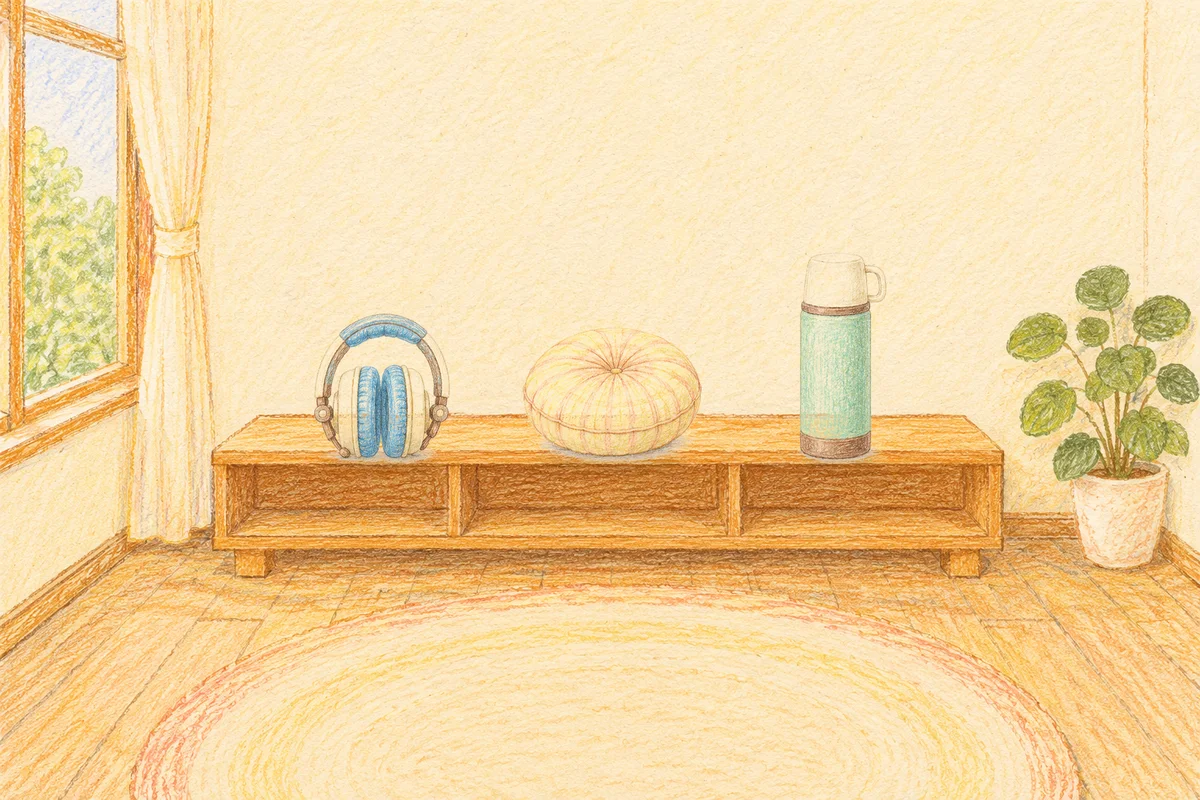 용인 여성전용 아로마 마사지 안내 그림, 낮의 창가 낮은 선반 위에 놓인 헤드폰, 둥근 쿠션, 보온병