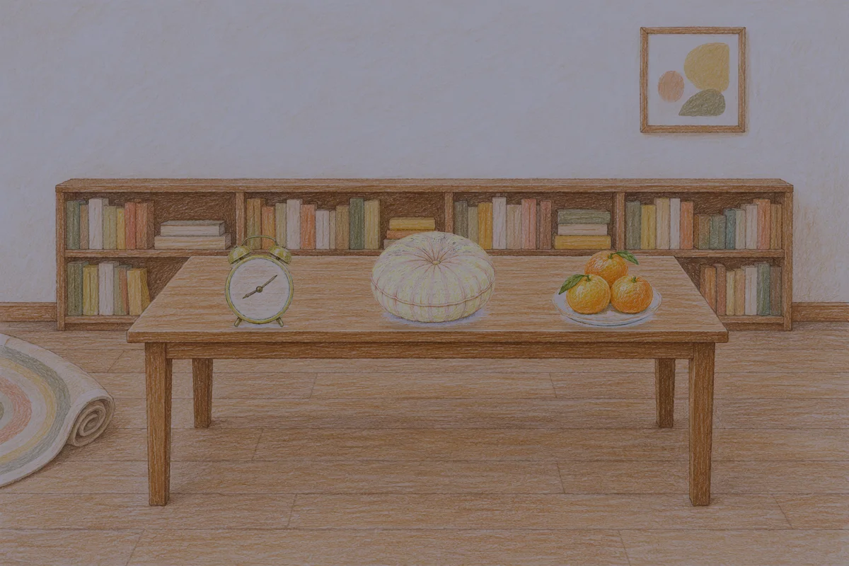 용인 여성전용 아로마 마사지 후기 안내 그림, 밤의 서재 긴 책상 위에 놓인 둥근 알람시계, 둥근 쿠션, 귤이 담긴 접시