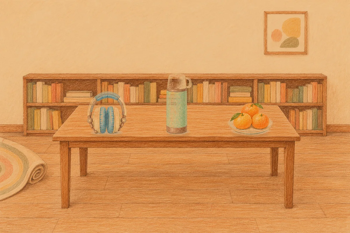 용인 여성전용 아로마 가격 안내 그림, 저녁의 서재 긴 책상 위에 놓인 헤드폰, 보온병, 귤이 담긴 접시