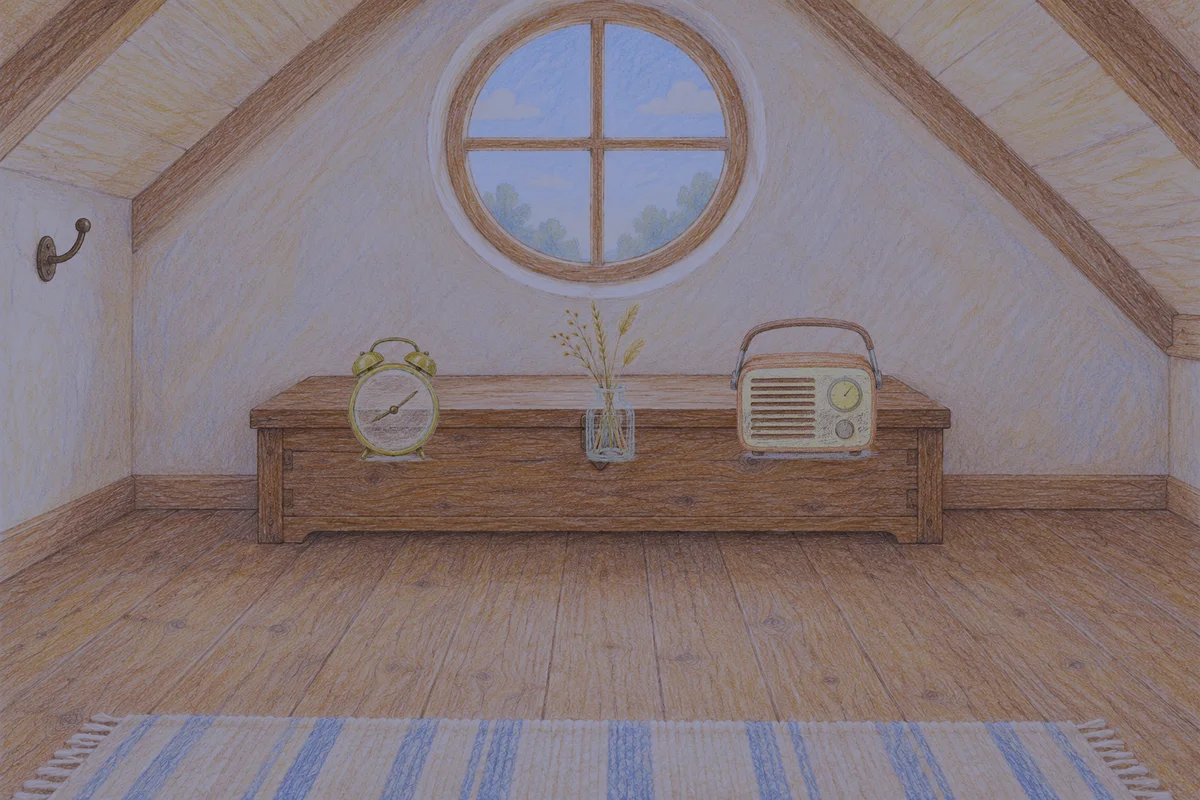 용인 여성전용 아로마 추천 안내 그림, 밤의 다락방 나무 궤짝 위에 놓인 둥근 알람시계, 마른 풀을 꽂은 항아리, 작은 라디오