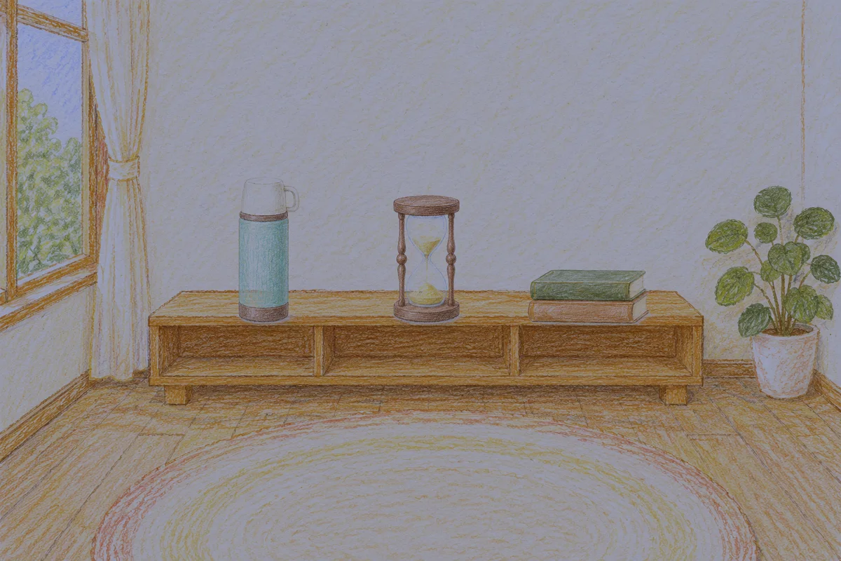 용인 여성전용 1인샵 안내 그림, 밤의 창가 낮은 선반 위에 놓인 보온병, 모래시계, 책 두 권