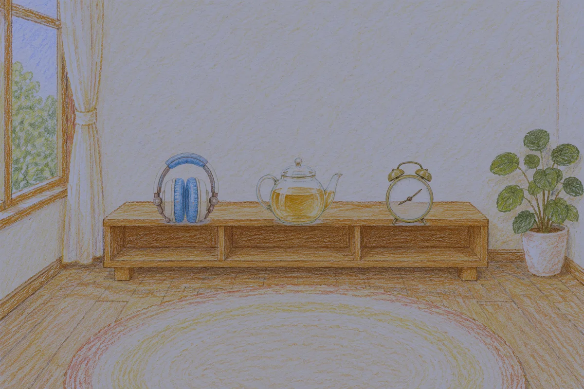 용인 여성전용 발마사지 안내 그림, 밤의 창가 낮은 선반 위에 놓인 헤드폰, 유리 티포트, 둥근 알람시계