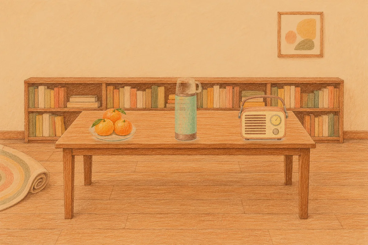 용인 여성전용 발관리 후기 안내 그림, 저녁의 서재 긴 책상 위에 놓인 귤이 담긴 접시, 보온병, 작은 라디오