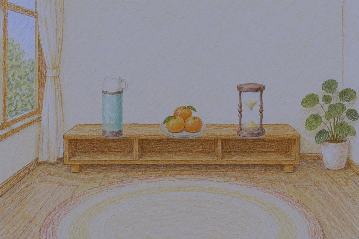 용인 여성전용 발관리 추천 안내 그림, 밤의 창가 낮은 선반 위에 놓인 보온병, 귤이 담긴 접시, 모래시계