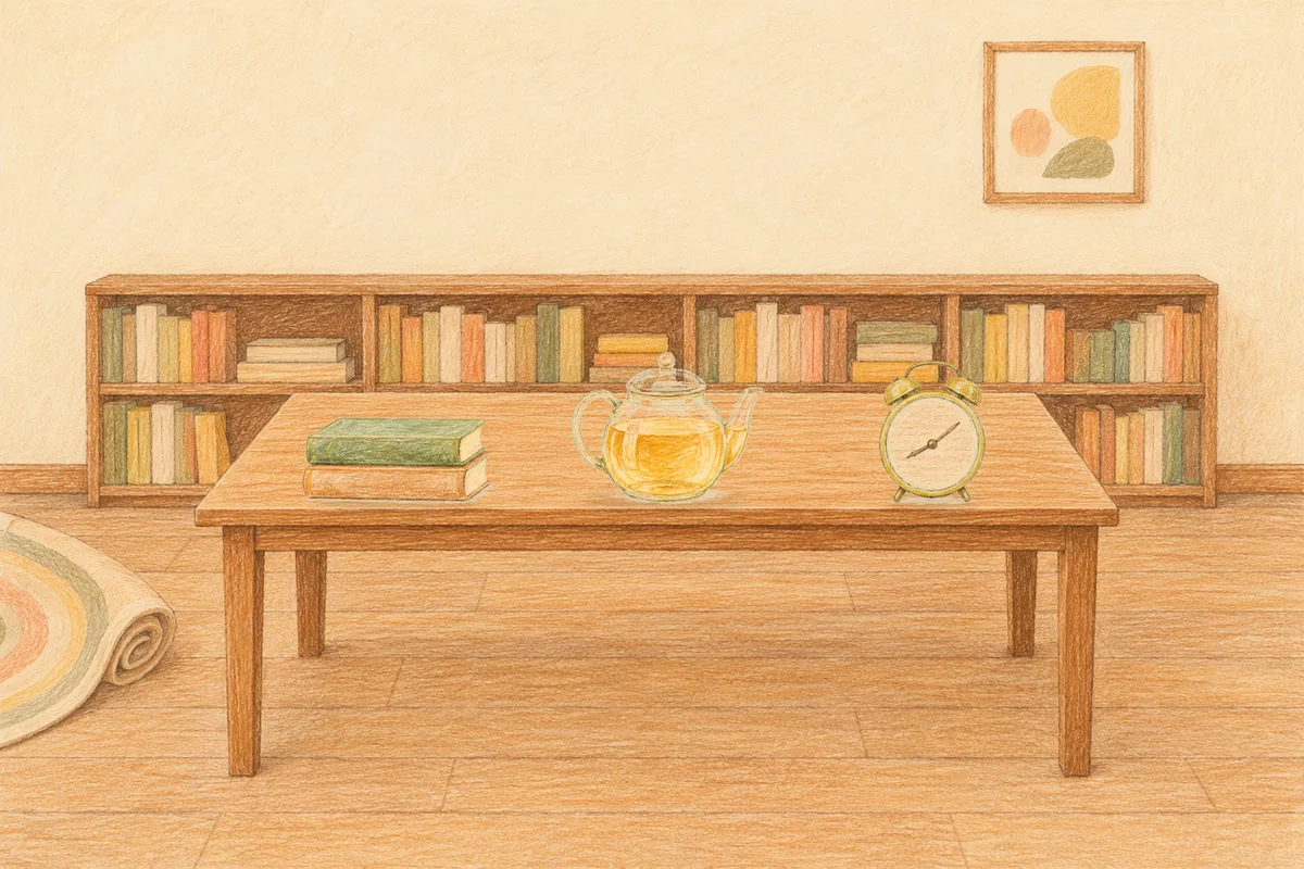 용인 여성전용 셀룰라이트 관리 안내 그림, 낮의 서재 긴 책상 위에 놓인 책 두 권, 유리 티포트, 둥근 알람시계