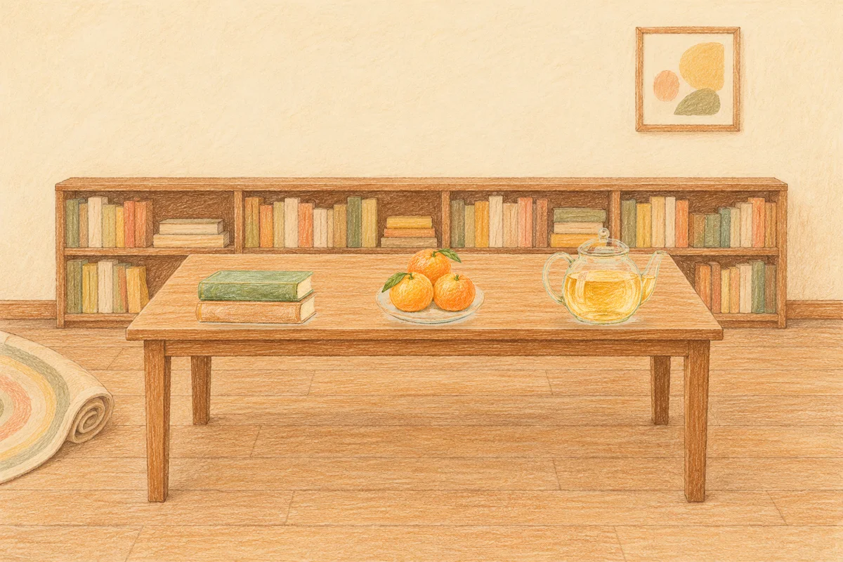 용인 여성전용 다이어트 마사지 안내 그림, 낮의 서재 긴 책상 위에 놓인 책 두 권, 귤이 담긴 접시, 유리 티포트