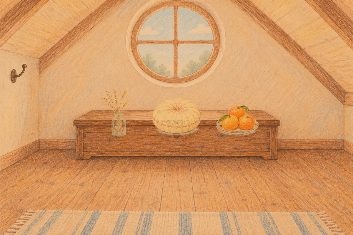 용인 여성전용 복부 마사지 안내 그림, 저녁의 다락방 나무 궤짝 위에 놓인 마른 풀을 꽂은 항아리, 둥근 쿠션, 귤이 담긴 접시