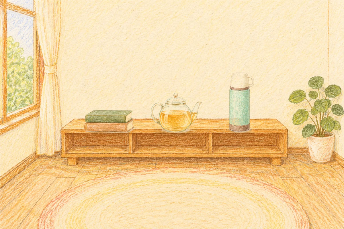 용인 여성전용 두피 마사지 안내 그림, 낮의 창가 낮은 선반 위에 놓인 책 두 권, 유리 티포트, 보온병