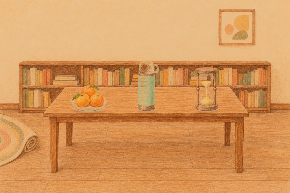 용인 여성전용 어깨 마사지 안내 그림, 저녁의 서재 긴 책상 위에 놓인 귤이 담긴 접시, 보온병, 모래시계