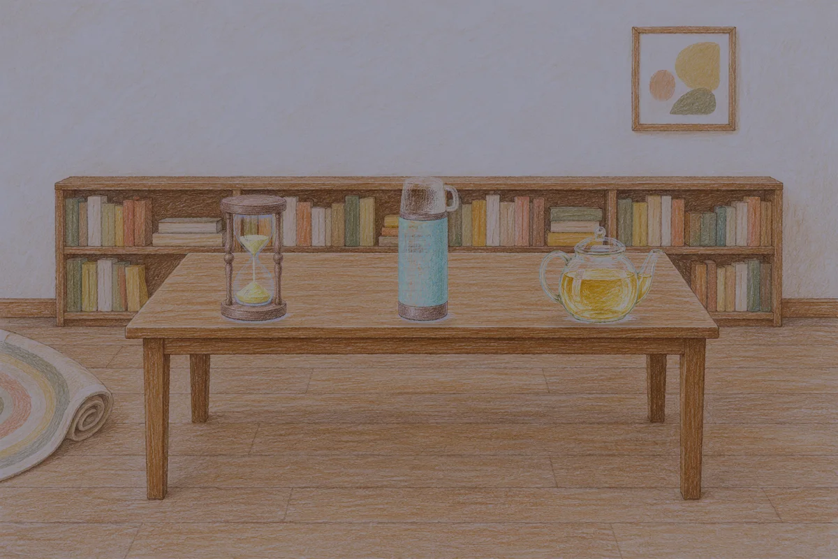 용인 여성전용 목 어깨 케어 안내 그림, 밤의 서재 긴 책상 위에 놓인 모래시계, 보온병, 유리 티포트