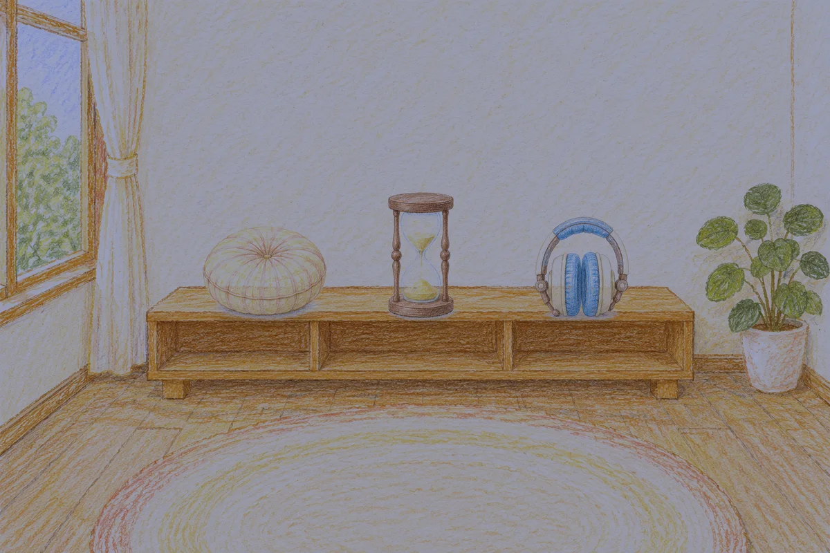 용인 여성전용 두통 완화 마사지 안내 그림, 밤의 창가 낮은 선반 위에 놓인 둥근 쿠션, 모래시계, 헤드폰