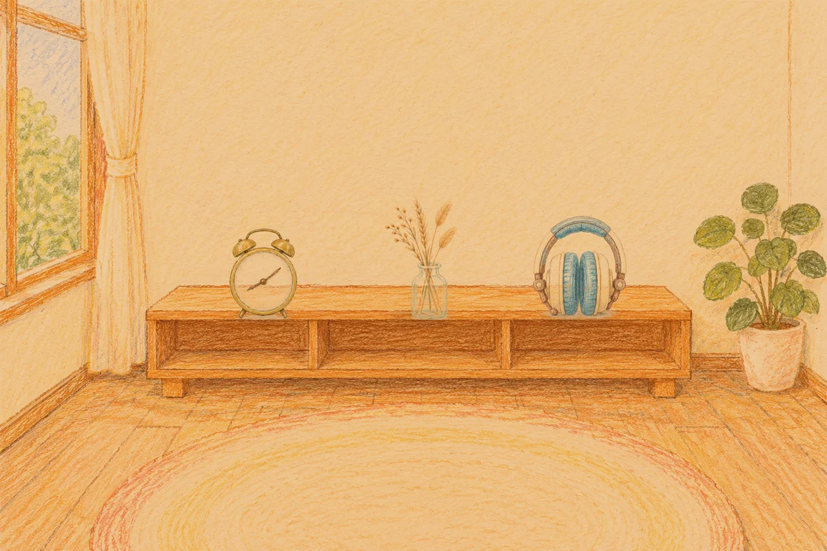 용인 여성전용 페이셜 마사지 안내 그림, 저녁의 창가 낮은 선반 위에 놓인 둥근 알람시계, 마른 풀을 꽂은 항아리, 헤드폰