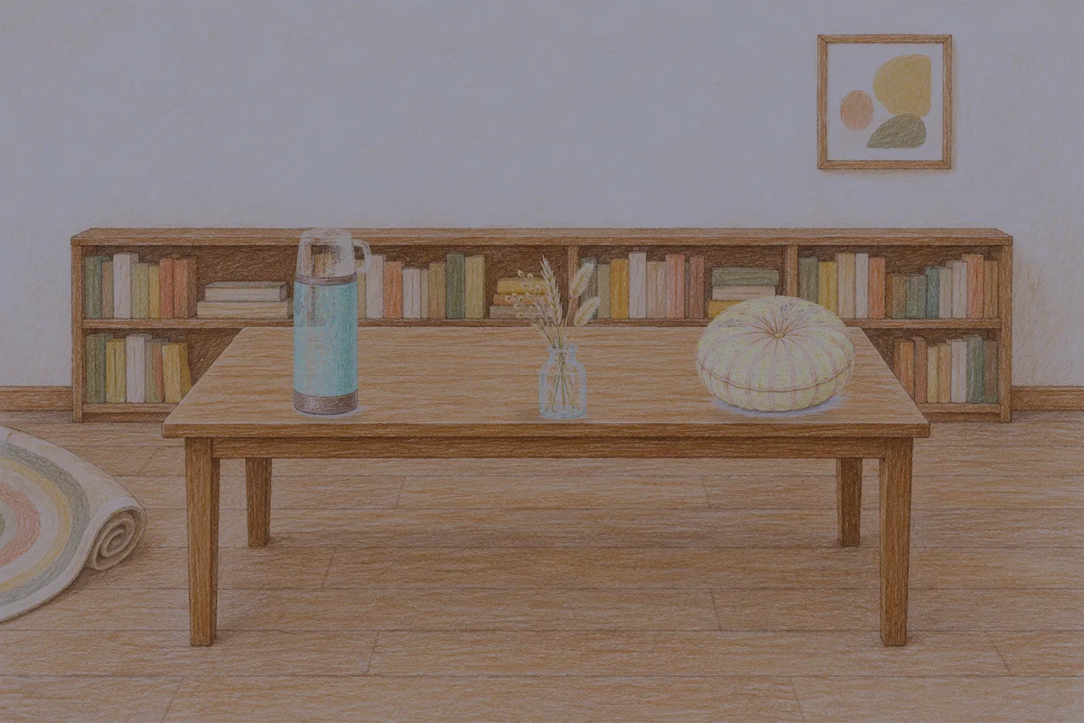 용인 여성전용 얼굴 마사지 안내 그림, 밤의 서재 긴 책상 위에 놓인 보온병, 마른 풀을 꽂은 항아리, 둥근 쿠션