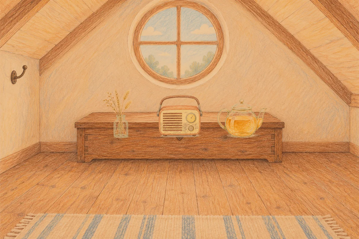 용인 여성전용 림프 페이셜 안내 그림, 저녁의 다락방 나무 궤짝 위에 놓인 마른 풀을 꽂은 항아리, 작은 라디오, 유리 티포트