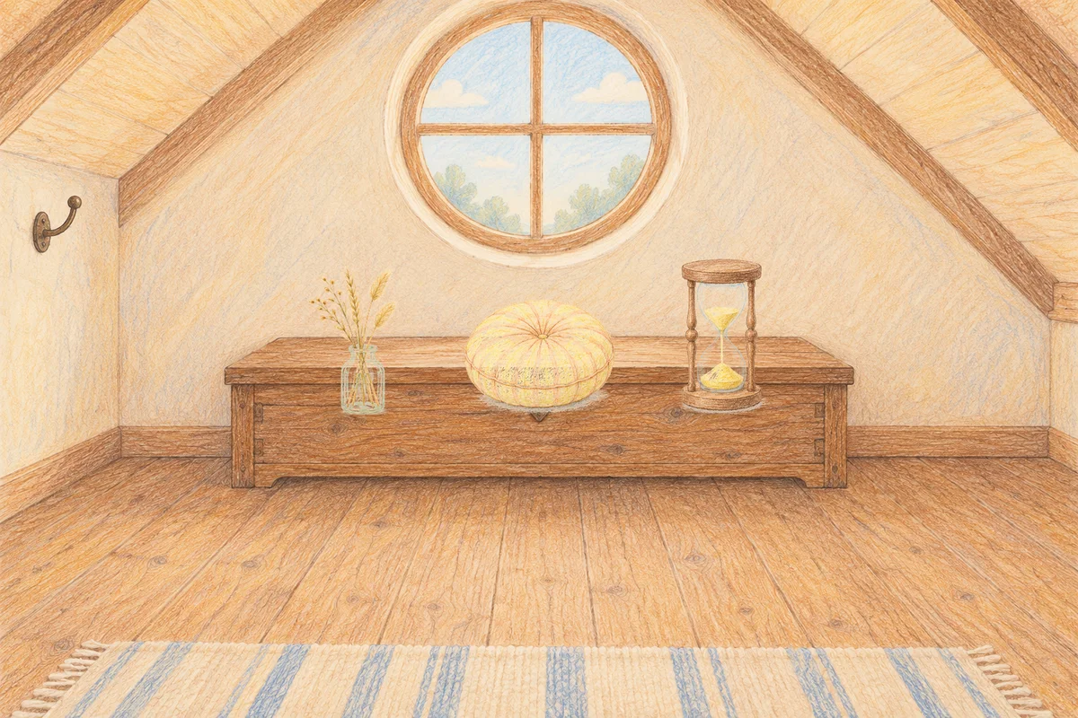 용인 여성전용 안티에이징 케어 안내 그림, 낮의 다락방 나무 궤짝 위에 놓인 마른 풀을 꽂은 항아리, 둥근 쿠션, 모래시계