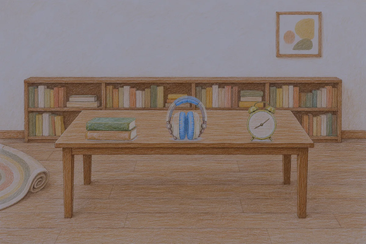 용인 여성전용 브라이덜 케어 안내 그림, 밤의 서재 긴 책상 위에 놓인 책 두 권, 헤드폰, 둥근 알람시계