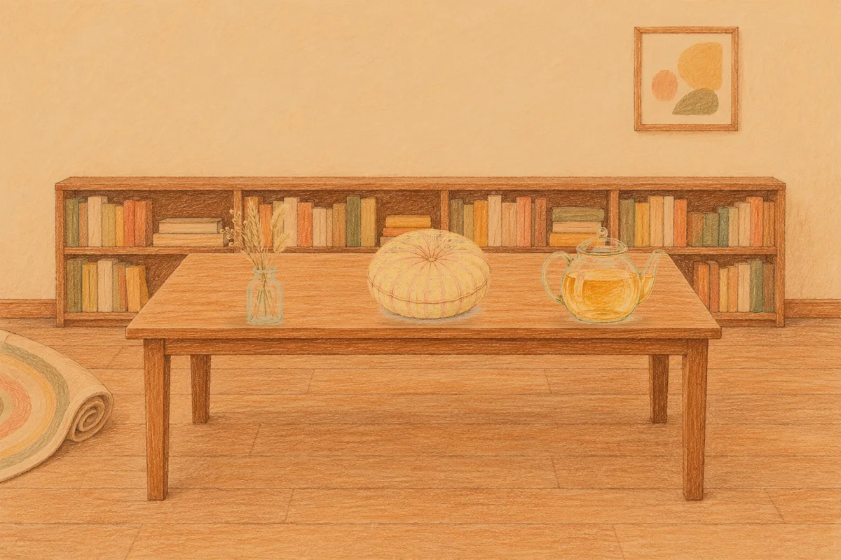용인 여성전용 피부 관리 안내 그림, 저녁의 서재 긴 책상 위에 놓인 마른 풀을 꽂은 항아리, 둥근 쿠션, 유리 티포트